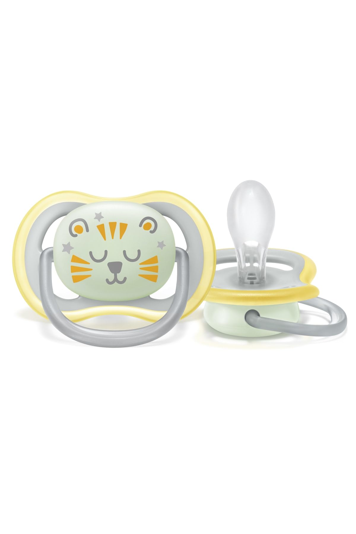 Succhietto Philips Avent Ultra Air Nighttime - Confezione da 2, ciuccio fluorescente traspirante senza BPA per bambini dai 18 mesi in su, include scatola di trasporto e sterilizzazione, Cloud/Tiger