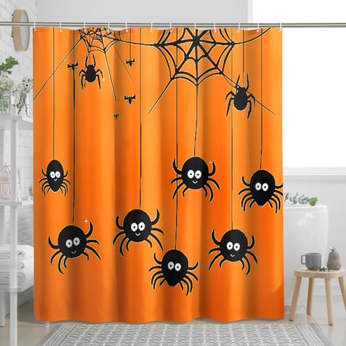 Tenda da doccia per Halloween, arancione e nero, tenda da doccia a forma di ragno, tenda da doccia per la decorazione del bagno, tenda da doccia in tessuto impermeabile divertente autunnale con ganci