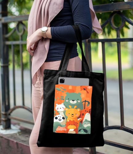 Image of ZORI Black Tote Bag With Pocket Printed Designed Canvas Tote Bags For Women large capacity,Tote bag For Shopping, College, Travel, More Canvas Handbag For Unisex Bag