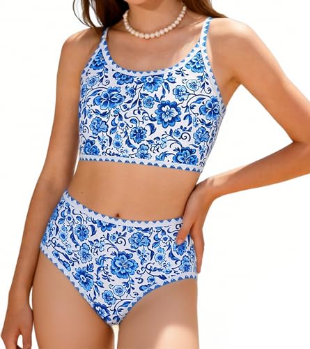 Image of Girls Swimsuit Double Strap High Waist Sporty Bikini Swimsuits Summer Beach 2 Piece Bikini Sets Size 11-15 Years