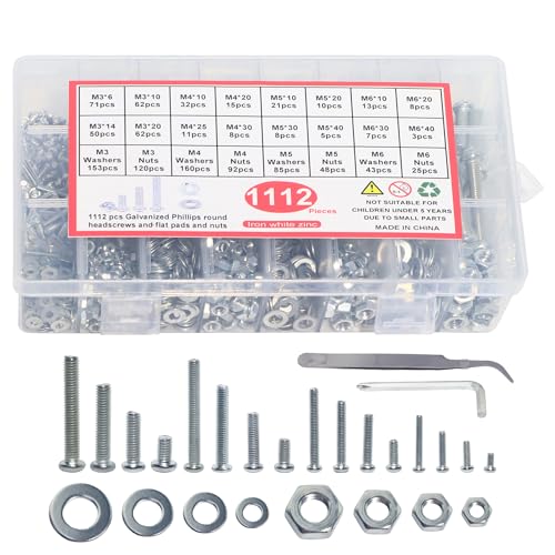 ONLISUM Screws Bolts and Nuts Assortment Kit 1112 Pcs M3/M4/M5/M6 Pan Head Phillips Machine Screws Nuts Washers Assortment Kit, Carbon Steel, Fully Threaded