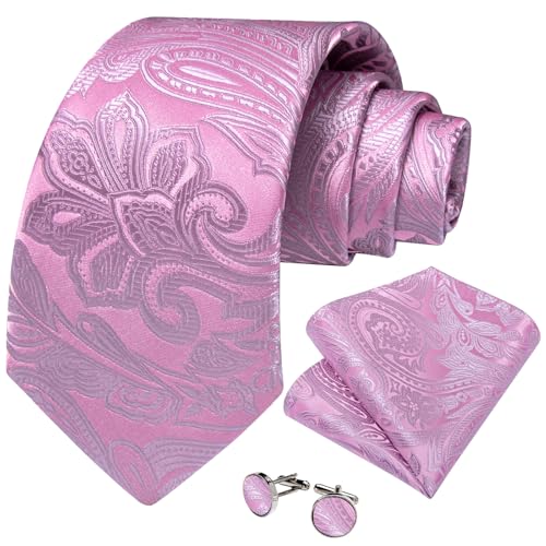 Image of DiBanGu Silk Floral Ties for Men Woven Paisley Necktie and Tie Clip Handkerchief Cufflinks Set for Party Wedding