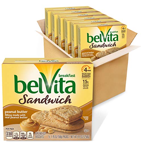 Belvita Sandwich Peanut Butter Breakfast Biscuits, 6 Boxes of 5 Packs (2 Sandwiches Per Pack)
