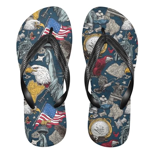 ALAZA Vintage Statue Of Liberty Eagle Map Flip Flops for Women Fashion Beach Slippers Comfort Mens Flip Flops Non-Slip Rubber Shower Slippers Sandal for Hotel Travel Sport,XS