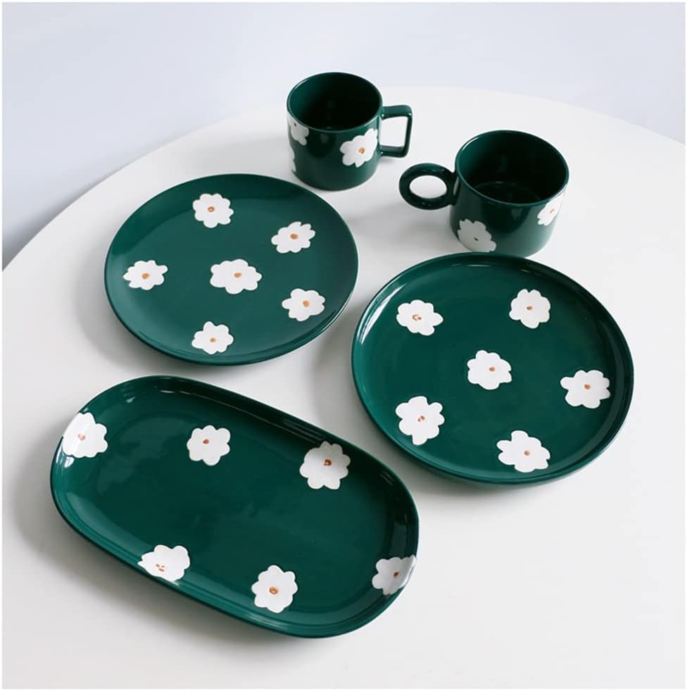 Nordic Hand-painted Flower Ceramic Mug Personality Tea Cup With Round Handle Emerald Couple Coffee Cup