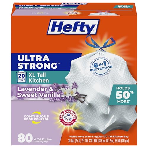 Image of Hefty Ultra Strong 20 Gallon Trash Bags, XL Tall Kitchen Trash Bags 20 Gallon Size, Drawstring Closure, Continuous Odor Control, White, Lavender and Sweet Vanilla Scent, 80 Bags