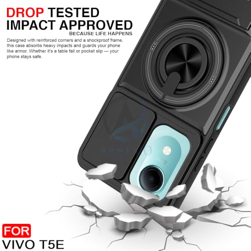 Image of AESTMO Vivo T5E Back Cover | Armor Camera Slider 360 Degree Rotating Finger Ring Holder Case with Bracket Stand Back Case Cover (Compatible with MagSafe Accessories) (Black)