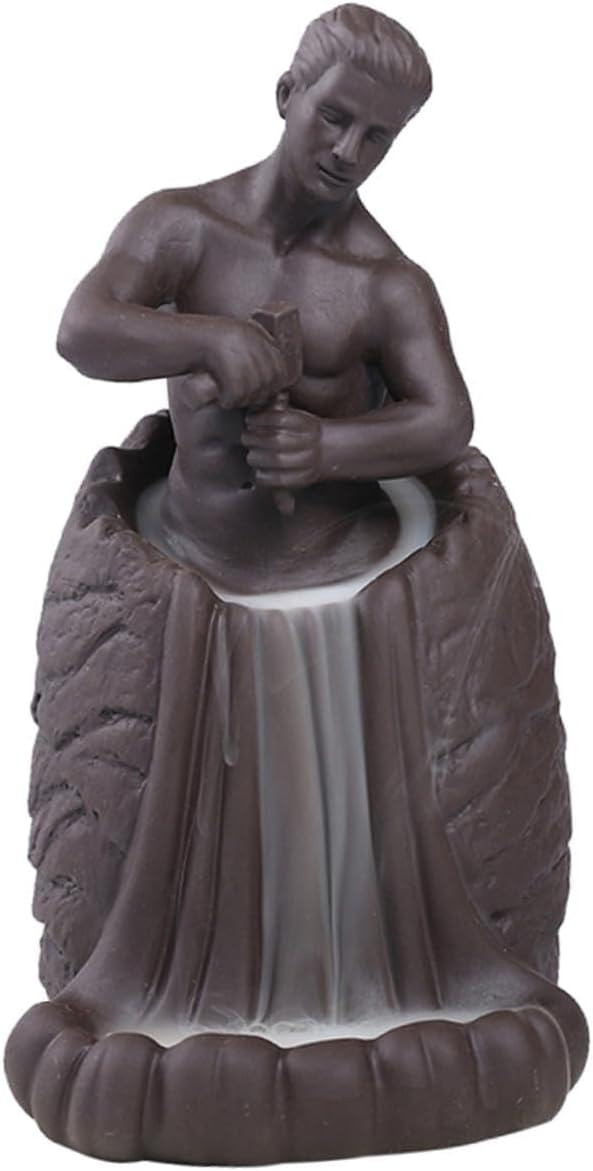 Backflow Incense Holder Ceramic Burner with Self-Carved Man Figurine Backflow Aroma Therapy Incense Burner for Home Office Desktop Decoration