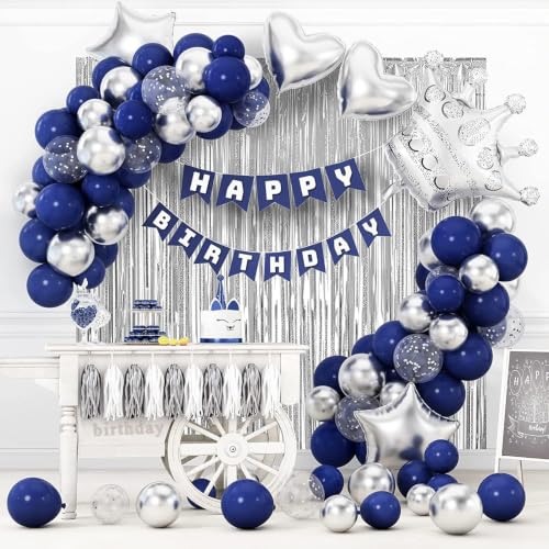 Navy Blue Birthday Party Decorations Set – 92Pcs Set with Banner, Star Garland, Crown, Heart & Star Foil Balloons, Fringe Curtain, Cake Topper, Tablecloth, Latex & Confetti Balloons for Men & Women - image 2