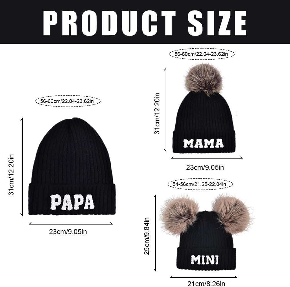3 Pcs Parent-Child Beanie Hats Mama Papa Mini Knitted Hats Winter Warm Ski Cap with Pom Pom Matching Family Beanie Hat - Image 2