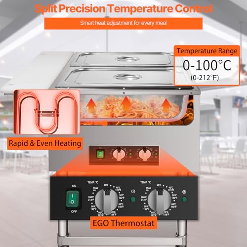 Image of VEVOR Commercial Electric Food Warmer, 2-Pot Steam Table Food Warmer, Features 0-100℃ Adjustable Temp, Movable Professional Stainless Steel Table with ETL Certification for Catering and Restaurants