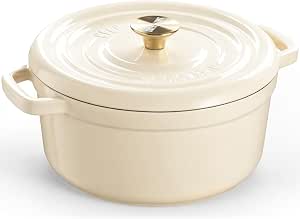 Overmont 5.5QT Cast Iron Dutch Oven - Dual Widened Handles -Enameled Pot with Cookbook - Heavy-Duty Enamel Cookware with Cotton Potholders for Braising Stews Roasting Bread Baking