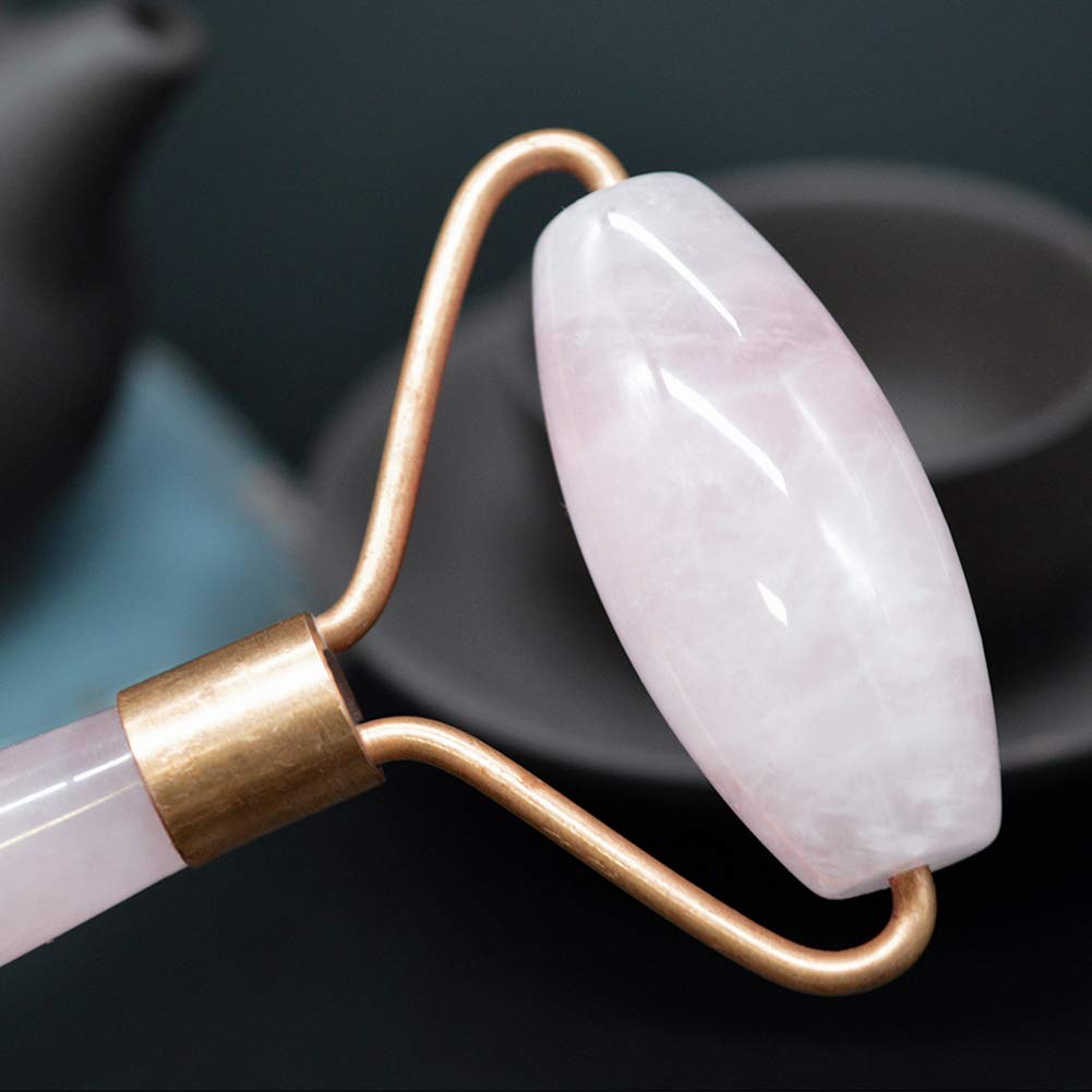 RODEREK Rodillo facial de cuarzo rosa, masajeador facial de jade para antienvejecimiento y antiarrugas, herramientas de belleza facial de jade natural (oro rosa)