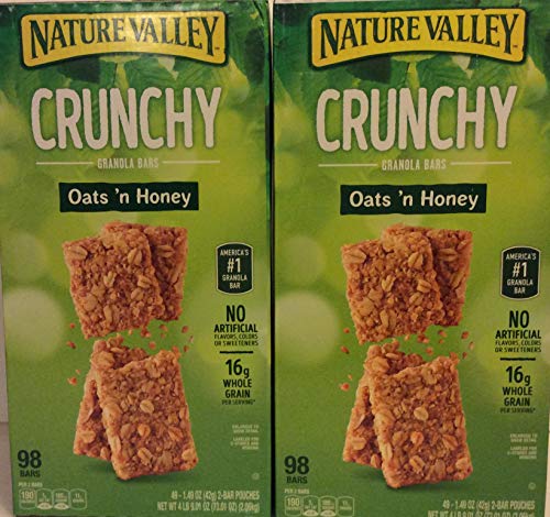 Nature Valley ( 2 PACK BOX Super Saver ) Crunchy Granola Bars Oats 'N Honey - 98 bars In Each Box 2 Bar Pouches of 49ct- 1.49oz