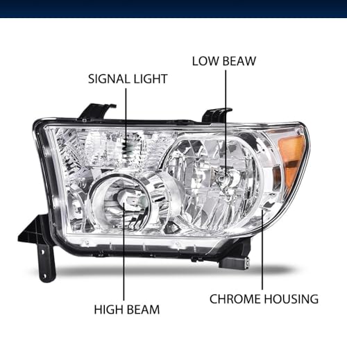 Image of GRAND ORANGE Headlights Assembly Compatible with Toyota Tundra 2007-2013, Fit Toyota Sequoia 2008-2017 Driver & Passenger Side 811100C051 811500C051 TO2503171 TO2502171 Clear Lens Chrome Housing