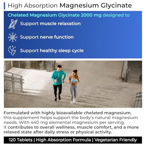 Image of Health Veda Organics Magnesium Glycinate 2000mg per Serving | High Absorption Magnesium Supplement for Muscle Recovery, Better Sleep Support & Stress Relief | 120 Veg Tablets