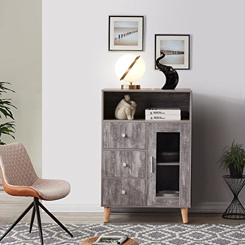Storage Cabinet, Obericol Sideboard Functional Kitchen Cabinet With Window And Drawer (Grey) #TOP3