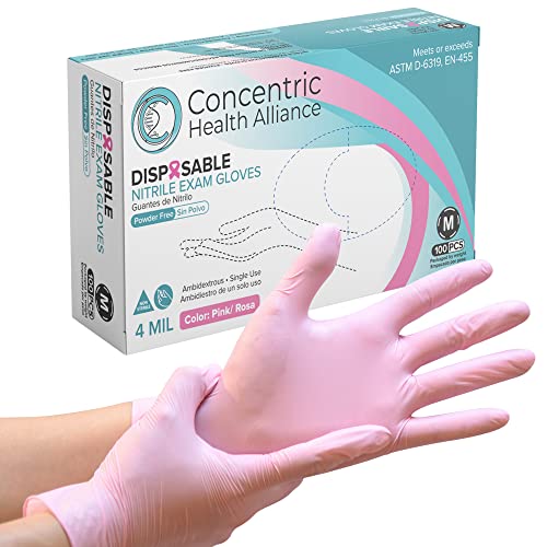 Concentric Pink Nitrile Exam Gloves Disposable Powder-Free, Non-Sterile, Latex-Free Nitrile Gloves, Elastic, Soft, for Sensitive Skin, Medical Grade Gloves Single Use - (4Mil, Case of 1000 - Medium)