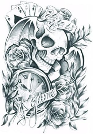 Wonbeauty Halloween temporary tattoos for men and women terrible skull with roses and clock fake realistic tattoo stickers