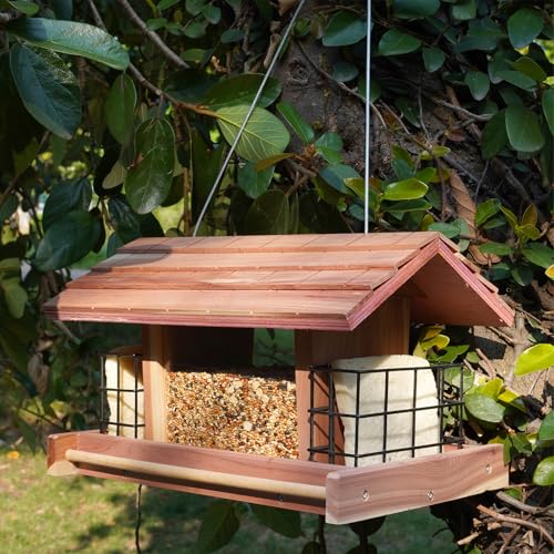Liawm Wooden Bird Feeder for Outdoors Hanging Mount Large Capacity, Red Cedar Garden Roof Feeder with 2 Suet Cages, Cardinal Bluebird Birdfeeder for Garden Decoration Yard, Weatherproof Durable