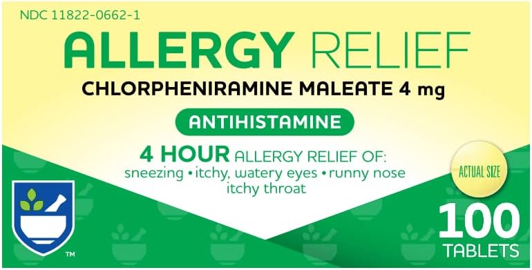 Rite Aid Allergy Medicine, Chlorpheniramine Maleate 4mg - 100 Count Tablets | 4 Hour Allergy Relief | Antihistamine Allergy Medication | Allergy Medicine for Adults | Non Drowsy Allergy Medicine