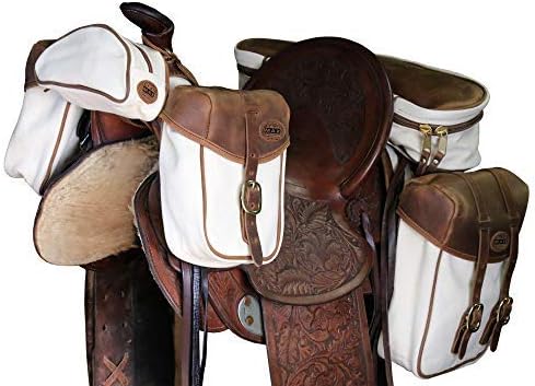 Canvas & Leather 4-PC Horse Saddle Bag Set for Trail Riding, includes Saddlebags, Cantle Bag, Pommel Pocket & Pommel/Horn Bags, all have Premium Leather, Rugged Canvas & Brass Hardware