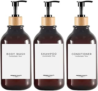 Shampoo and Conditioner Bottles, Apothecary Dispenser Bamboo Pump, Refillable Shampoo Bottles for Shampoo Lotion Oil Shower Soap Hand Soap and Dish Soap, Plastic Amber Set (Amber)