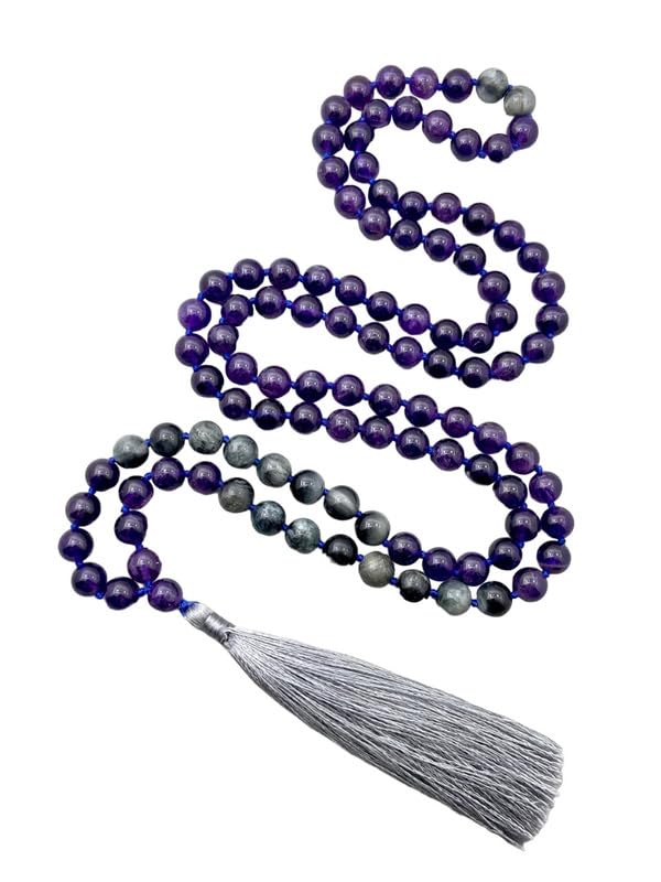 Collar de meditación con borlas de protección espiritual y curación con 108 cuentas anudadas de amatista AAA y ojo de gato naturales Japa Mala