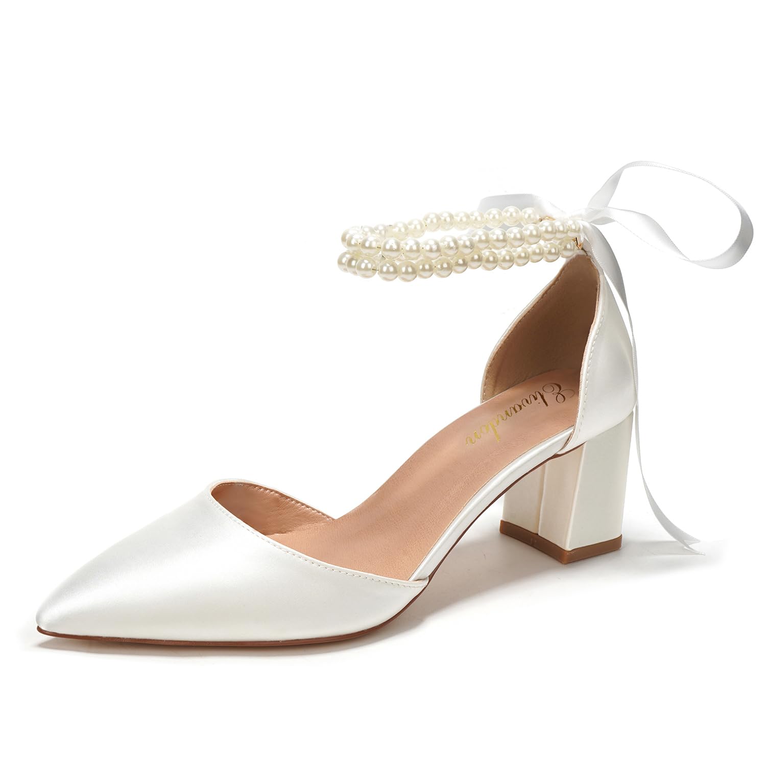 Elivandon J1585 Damen Satin Spitze Zehen Mittlerer Absatz Abend Sandalen 6 cm Blockabsatz Braut Party Hochzeit Pumps mit Doppel Perlen Riemen