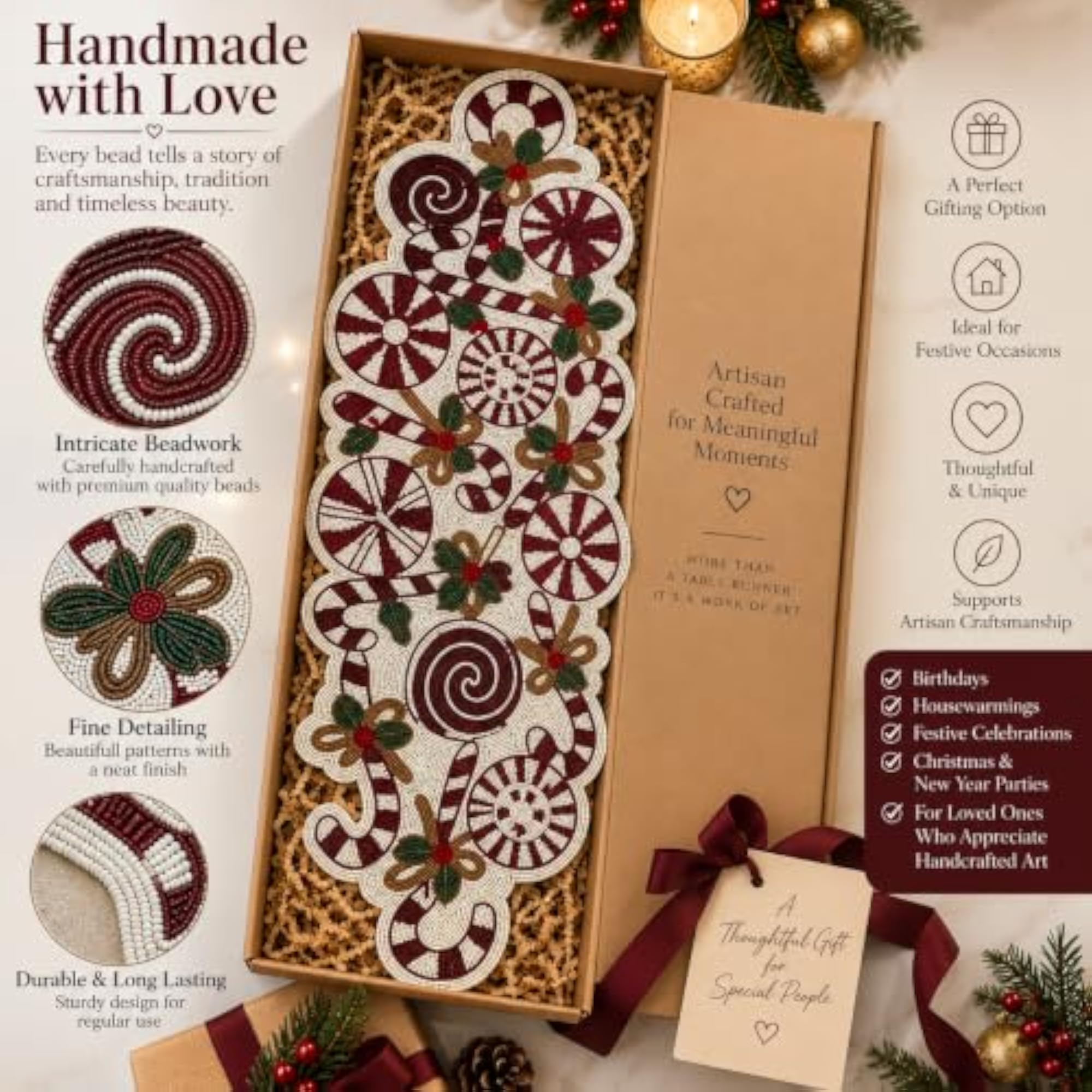 Beaded Table Mat Runner, Multicolor Rectangular Center Table Runner