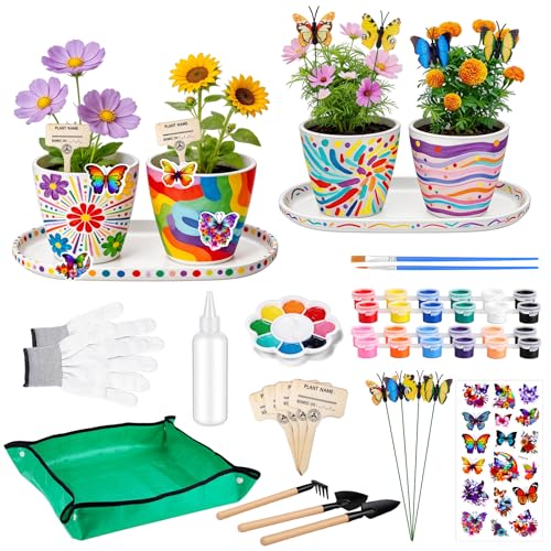 Hysagtek Blumentopf zum Bemalen - Malen und Pflanzen Set mit 4 Töpfen Pflanzset Bemalen DIY Enthält Pinsel Farben Pflanzwerkzeuge Kreatives Geschenk für Geburtstag Muttertag