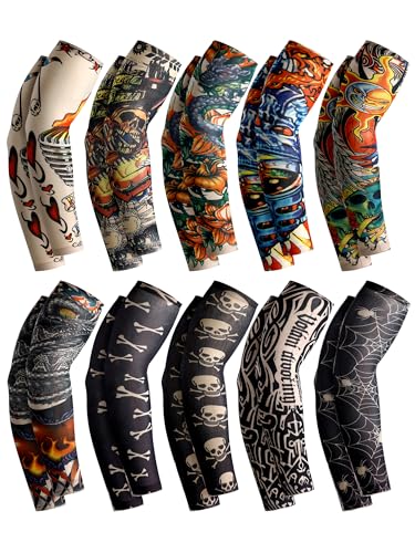Boao 20 Pcs Men's Cooling Arm Sleeves Long Fingerless Arm Cover Anti Slip UV Protection Sun Temporary Tattoo Sleeves(Spooky Style,Vintage Colors,Medium)