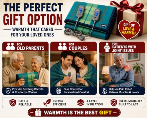 Image of Bell electric blankets - Premium Zed Certified Double Bed Electric Blankets | 4 Heating Settings | Low Power Consumption Just 150 Watt | Size (5 Feet x 5 Feet)- Made in India