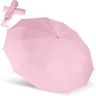 LAMA Travel Automatic Umbrella Windproof for Rain & Sun, Strong Large Compact Umbrella for Men & Women, Wind Resistant, Lightweight, 12 RIBS Portable Folding Umbrellas for Backpack, Car(Pink)