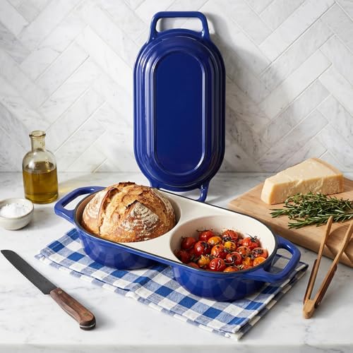 Image of Double Dutch Oven Pot with Lid, 2.2QT Enameled Cast Iron Bread Loaf Pan, Mini Dutch Oven For Sourdough Bread Baking, 500F Oven Safe Non Stick Dual Round Bread Pan, Bread Oven, 16.5cm Diameter, Blue