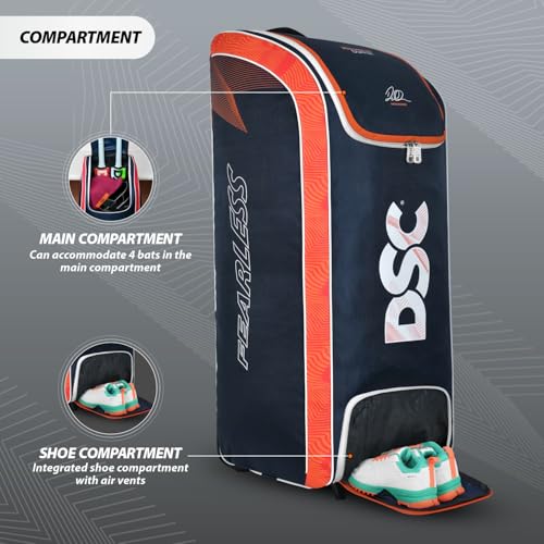 Image of DSC Krunch Duffle Cricket Kit Bag with Wheels - Large Capacity Sports Equipment Travel Bag for Professional Players, Color - Navy /Orange