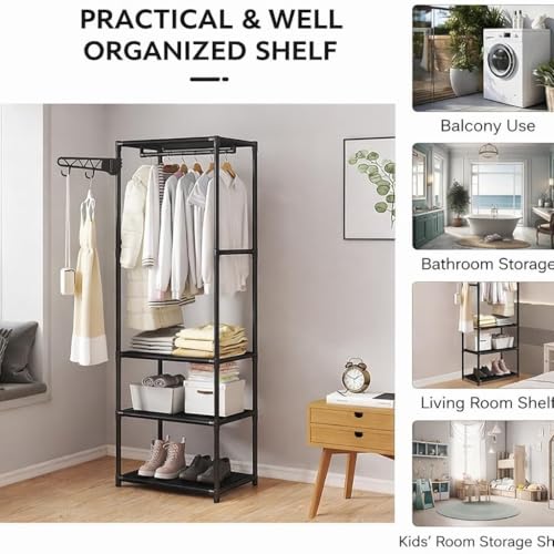 Image of Single Pole Coat Hanger /Cloth Stand /Garment Stand with Bottom Shelves - Metal Garment Rack for Organized Storage 8 Hook (Black-)