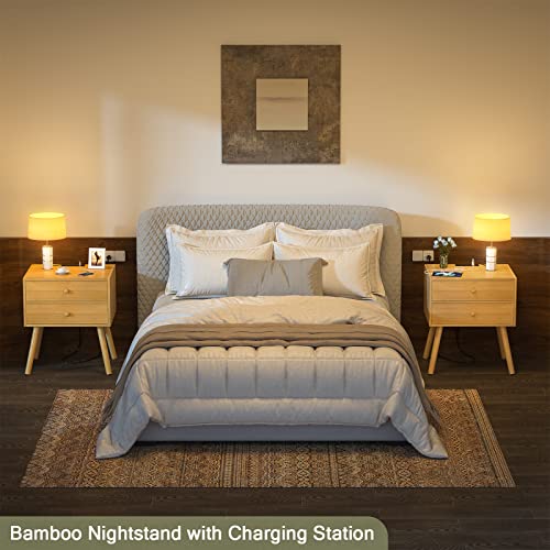 Homykic Large Nightstand With Charging Station, Bamboo Mid Century Modern Bedside Table With Usb Outlet And 2 Drawers, Real Wood Boho End Table Side Table For Bedroom, 19.7" W X 15.8" D, Natural #TOP5