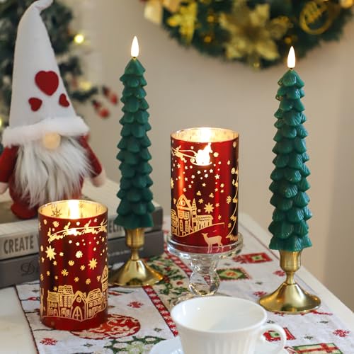 MUMCHASI Chritsmas Flameless Candles Battery Operated Christmas Candles Real Wax Glass Flickering LED Candles Tree Candlestick for Home Christmas Decor Remote Timer