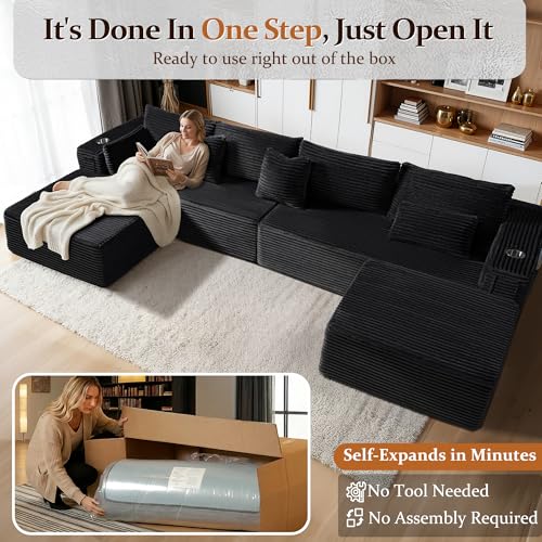 Image of 138 inch Cloud Sectional Couch, Comfort U Shaped Boneless Couch for Living Room, Extra Deep Seats No Assembly, Minimalist Modular Sofa, Corduroy (Black, 3 Seater+Right Facing Chaise+Ottoman)