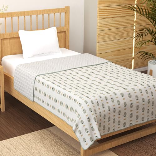 Image of Story@Home Dohar Singlee Bed Cover Cotton 100% | 150GSM 144 x 220 CM Quilt AC Blanket for Summer | AC Comforter Double Bed | Green & White, Motif Reversible Design Duvet | All-Season Blanket