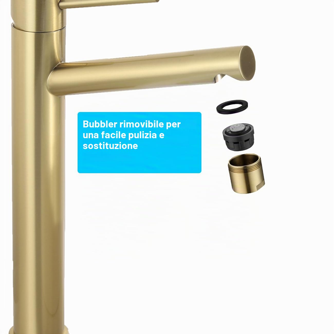 Rubinetto Lavabo Alto Oro, Angolo di Uscita Dell'acqua Umanizzato, Miscelatore Monocomando da Appoggio per Bagno, Acciaio Inox 304, Acqua Calda e Fredda, Aeratore Rimovibile