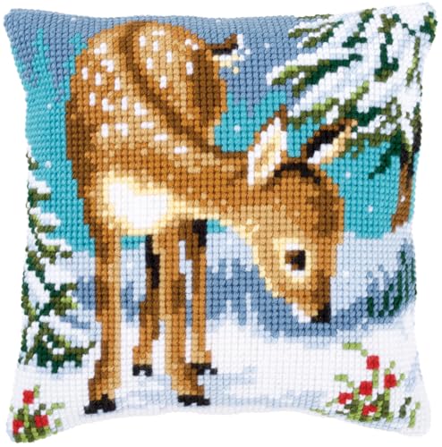 Coussin au point de croix petit cerf | Kit broderie canevas animal forêt et fils coton