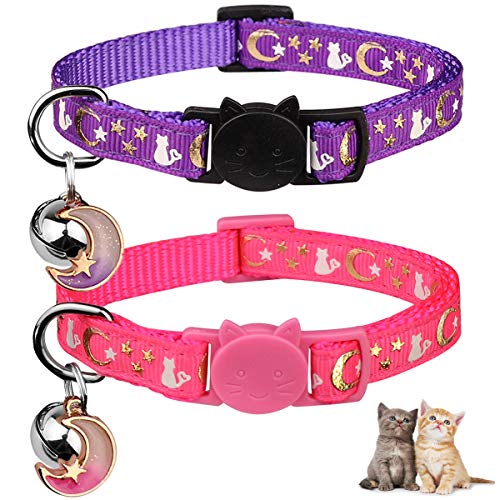 Image of 2PCS Breakaway Cat Collars with Bell Moons Stars Cute Kitty Adjustable Safe Kitten Collars with Pendant Glow in The Dark(Purple&Pink)