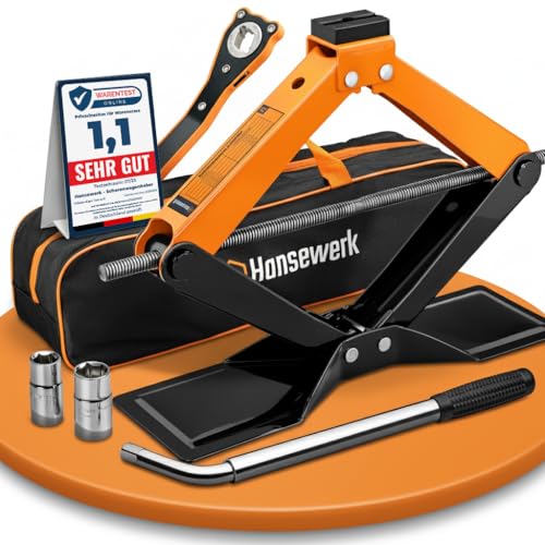 Hansewerk® Wagenheber Scherenwagenheber 2t inkl. Ratsche, Tragetasche, Radmutternschlüssel und 2 Größen Stecknüsse, Reifenprofilmesser. Passend für alle PKW inkl. SUVs (Pro)