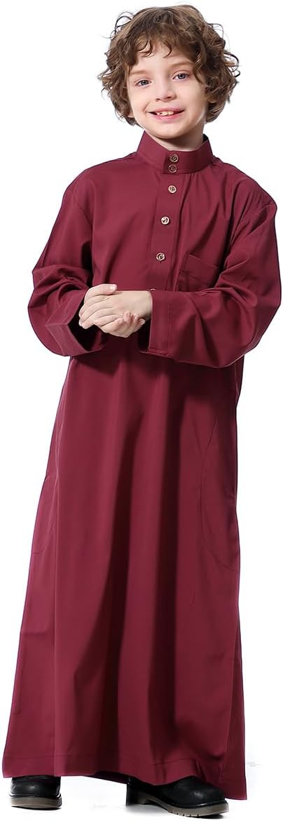 Qianliniuinc Boy's Islamic Dress Round Collar - Youth Long Sleeve Muslim Thobe Arabic Robe Embroidery Clothes with Pockets