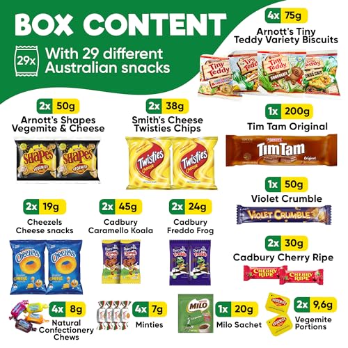 Australian Snack Gift Box (29 Units) Best Australian Candy and Food Products Packed with Aussie Candy Classics including Tim Tams, Arnott’s, Twisties, Cherry Ripe and Much More