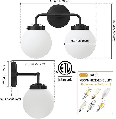Miniatura 2 de Lámparas de baño negras sobre el espejo, iluminación moderna de tocador con pantallas de globo de vidrio blanco leche, aplique de pared de granja de