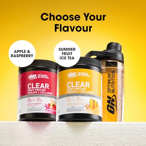 Optimum Nutrition Clear Whey + Colágeno, Té Helado Frutas de Verano, 10 g Aislado de Suero y 10 g Péptidos de Colágeno, Bebida Clara de Proteína para Articulaciones, 240 g, 10 Porciones