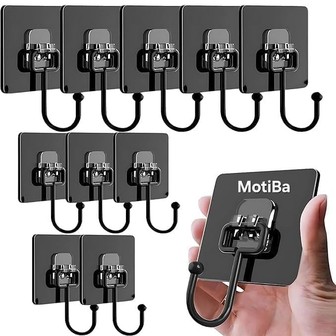 MotiBaExtra Strong Self-Adhesive Big Wall Hooks | 10 Piece Black Metal Hooks | 5 kg Weight Capacity | Waterproof & No Trace | Ideal for Wall, Kitchen Utensils, Keys, Clothes | Durable & Reliabl-image-26